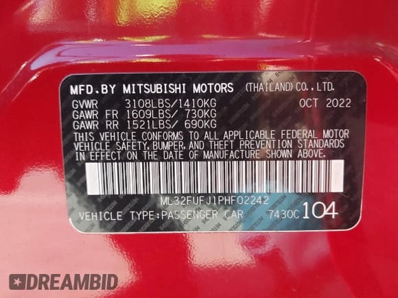 ✅ 2023 Mitsubishi Mirage ES • VIN: ML32FUFJ1PHF02242 • Lot: 43338134. Listed on IAAI with 53,211 mi. Free auction sales archive from the USA and detailed vehicle history report at DreamBid. Image 9.