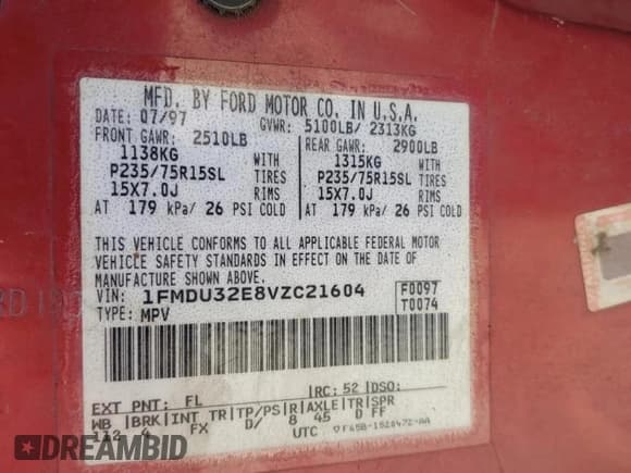 ✅ 1997 Ford Explorer XL • VIN: 1FMDU32E8VZC21604 • Lot: 81987654. Wystawiony na Copart z przebiegiem 156 141 mil. Bezpłatny archiwum sprzedaży aukcyjnych z USA i szczegółowy raport historii pojazdu na DreamBid. Zdjęcie 13.