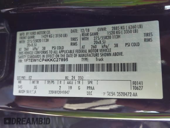 ✅ 2019 Ford F-150 XL • VIN: 1FTEW1CP4KKC27895 • Lot: 43342180. Listed on IAAI with 97,144 mi. Free auction sales archive from the USA and detailed vehicle history report at DreamBid. Image 9.