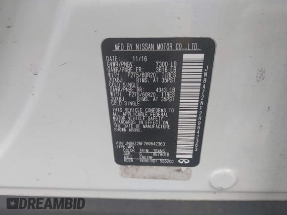 ✅ 2017 Infiniti QX80 • VIN: JN8AZ2NF2H9642363 • Lot: 42271177. Listed on IAAI with 160,924 mi. Free auction sales archive from the USA and detailed vehicle history report at DreamBid. Image 9.