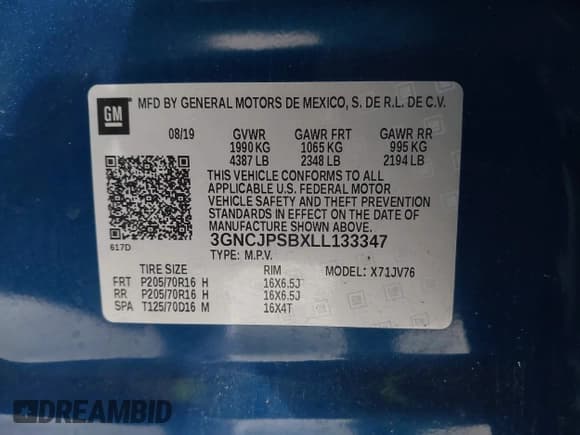 ✅ 2020 Chevrolet Trax LT • VIN: 3GNCJPSBXLL133347 • Lot: 43663755. Wystawiony na IAAI z przebiegiem 68 850 mil. Bezpłatny archiwum sprzedaży aukcyjnych z USA i szczegółowy raport historii pojazdu na DreamBid. Zdjęcie 9.