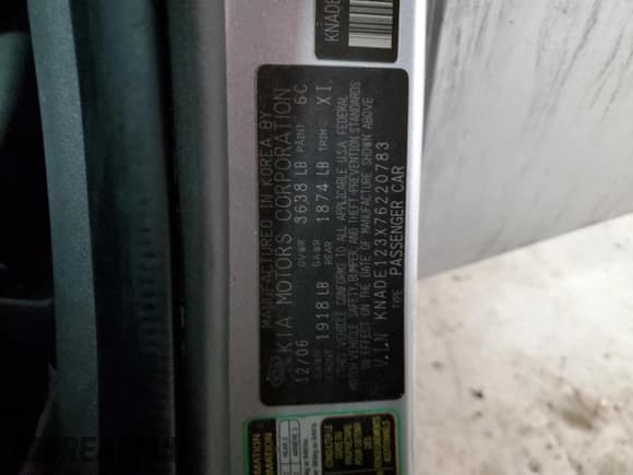 ✅ 2007 Kia Rio LX • VIN: KNADE123X76220783 • Lot: 45912895. Listed on Copart with 190,057 mi. Free auction sales archive from the USA and detailed vehicle history report at DreamBid. Image 12.