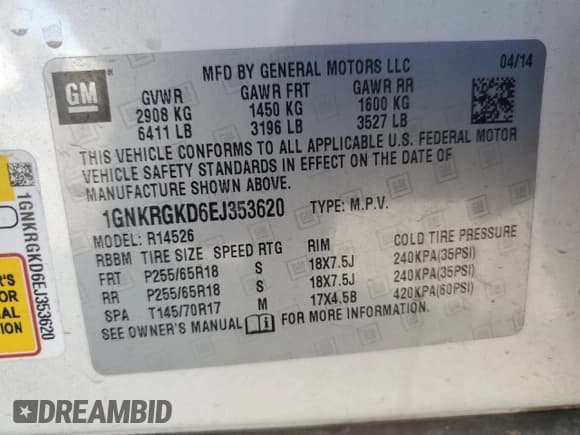 ✅ 2014 Chevrolet Traverse LT • VIN: 1GNKRGKD6EJ353620 • Lot: 86890865. Wystawiony na Copart z przebiegiem 197 765 mil. Bezpłatny archiwum sprzedaży aukcyjnych z USA i szczegółowy raport historii pojazdu na DreamBid. Zdjęcie 14.