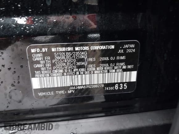 ✅ 2024 Mitsubishi Outlander SEL • VIN: JA4J4WA87RZ086278 • Lot: 43500897. Listed on IAAI with 45,324 mi. Free auction sales archive from the USA and detailed vehicle history report at DreamBid. Image 9.