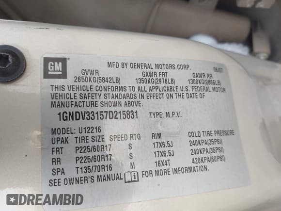 ✅ 2007 Chevrolet Uplander 1LT • VIN: 1GNDV33157D215831 • Лот: 43058267. Опубликован ранее на IAAI с пробегом 214 521 миль. Бесплатный доступ к архиву аукционных продаж из США и подробный отчёт об истории автомобиля на DreamBid. Изображение 9.