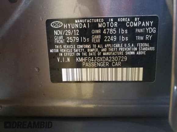2013 Hyundai Azera with VIN KMHFG4JGXDA230729, listed as a Copart auction lot 78270044 with 116,596 mi miles and Salvage title. Bid and sale history available at DreamBid. Image 13.