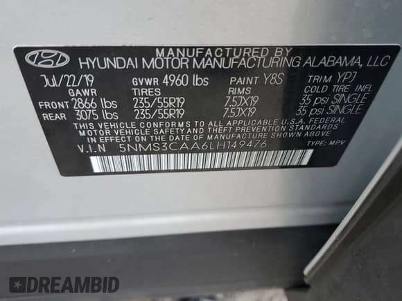 2020 Hyundai Santa Fe SEL with VIN 5NMS3CAA6LH149476, listed as a Copart auction lot 82646325 with Not provided miles and Salvage title. Bid and sale history available at DreamBid. Image 13.