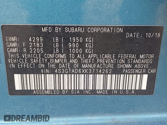 ✅ 2019 Subaru Impreza Premium • VIN: 4S3GTAD6XK3714262 • Лот: 43037679. Опубликован ранее на IAAI с пробегом 54 068 миль. Бесплатный доступ к архиву аукционных продаж из США и подробный отчёт об истории автомобиля на DreamBid. Изображение 9.