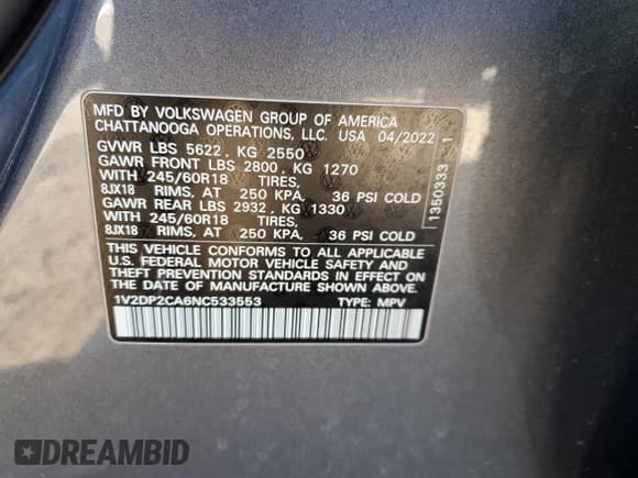 ✅ 2022 Volkswagen Atlas SE • VIN: 1V2DP2CA6NC533553 • Lot: 44554525. Listed on Copart with 23,004 mi. Free auction sales archive from the USA and detailed vehicle history report at DreamBid. Image 15.