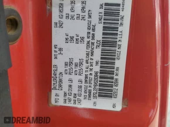 1999 Dodge Dakota SLT z VIN 1B7GL22Y6XS283846, wystawiony jako Copart lot #58123195 z przebiegiem 175 671 mil mil oraz Szkoda całkowita • Salvage title. Historia ofert i sprzedaży dostępna na DreamBid. Obrazek 12.