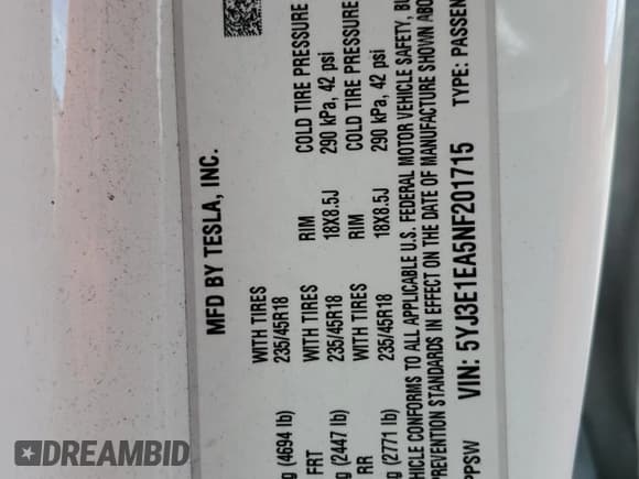 ✅ 2022 Tesla Model 3 • VIN: 5YJ3E1EA5NF201715 • Lot: 50732595. Listed on Copart with 116,913 mi. Free auction sales archive from the USA and detailed vehicle history report at DreamBid. Image 15.