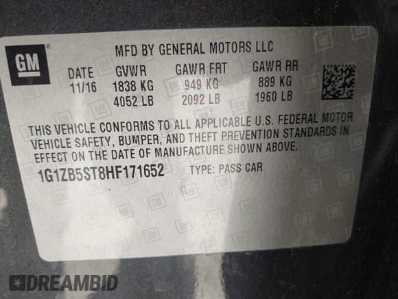 ✅ 2017 Chevrolet Malibu LS • VIN: 1G1ZB5ST8HF171652 • Lot: 43355205. Listed on IAAI with 105,193 mi. Free auction sales archive from the USA and detailed vehicle history report at DreamBid. Image 9.