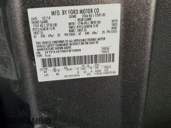 ✅ 2014 Ford F-150 XL • VIN: 1FTFX1ET6EFB13924 • Lot: 71258835. Listed on Copart with 150,061 mi. Free auction sales archive from the USA and detailed vehicle history report at DreamBid. Image 12.