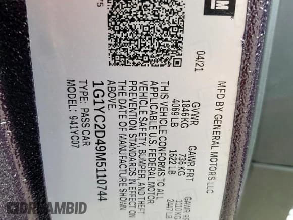 ✅ 2021 Chevrolet Corvette 3LT • VIN: 1G1YC2D49M5110744 • Lot: 60276445. Listed on Copart with 16,268 mi. Free auction sales archive from the USA and detailed vehicle history report at DreamBid. Image 12.