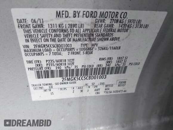 ✅ 2012 Ford Flex SEL • VIN: 2FMGK5CC5CBD01003 • Lot: 43363664. Listed on IAAI with 131,784 mi. Free auction sales archive from the USA and detailed vehicle history report at DreamBid. Image 9.