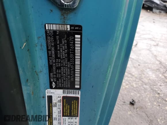 ✅ 2009 MINI Hardtop • VIN: WMWMF33539TT69470 • Lot: 59624825. Listed on Copart with 132,959 mi. Free auction sales archive from the USA and detailed vehicle history report at DreamBid. Image 12.