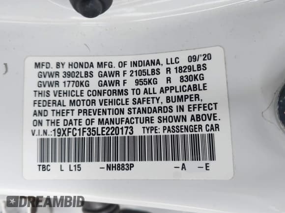 ✅ 2020 Honda Civic EX • VIN: 19XFC1F35LE220173 • Lot: 43561725. Wystawiony na IAAI z przebiegiem 45 886 mil. Bezpłatny archiwum sprzedaży aukcyjnych z USA i szczegółowy raport historii pojazdu na DreamBid. Zdjęcie 9.