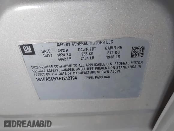 ✅ 2014 Chevrolet Cruze LS • VIN: 1G1PA5SHXE7212794 • Лот: 43504926. Опубликован ранее на IAAI с пробегом 43 746 миль. Бесплатный доступ к архиву аукционных продаж из США и подробный отчёт об истории автомобиля на DreamBid. Изображение 9.