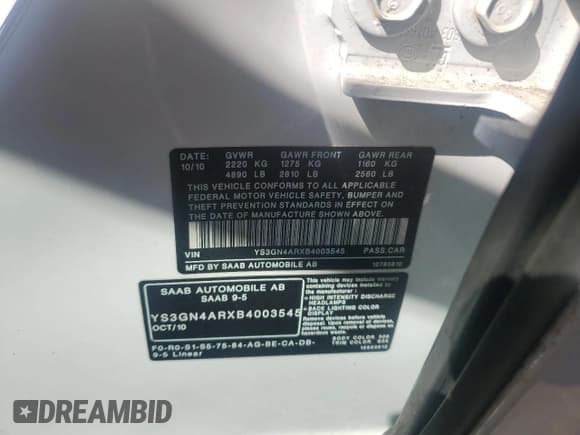 ✅ 2011 Saab 9-5 Turbo4 • VIN: YS3GN4ARXB4003545 • Lot: 50919665. Wystawiony na Copart z przebiegiem 125 996 mil. Bezpłatny archiwum sprzedaży aukcyjnych z USA i szczegółowy raport historii pojazdu na DreamBid. Zdjęcie 12.