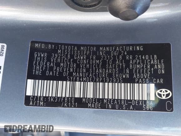 ✅ 2024 Toyota Corolla LE • VIN: 5YFB4MDE7RP192935 • Lot: 43482910. Listed on IAAI with 25,207 mi. Free auction sales archive from the USA and detailed vehicle history report at DreamBid. Image 9.