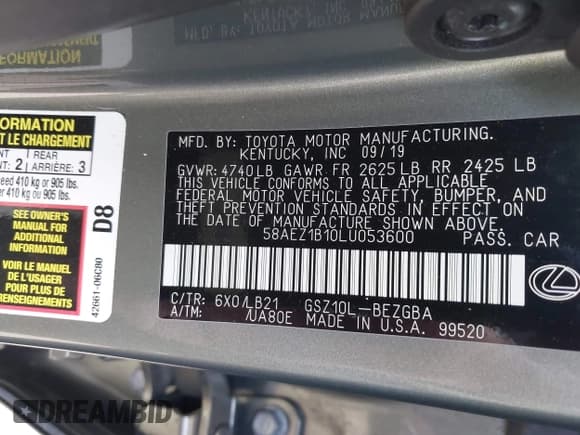 ✅ 2020 Lexus ES 350 Luxury • VIN: 58AEZ1B10LU053600 • Lot: 41966488. Wystawiony na IAAI z przebiegiem 12 328 mil. Bezpłatny archiwum sprzedaży aukcyjnych z USA i szczegółowy raport historii pojazdu na DreamBid. Zdjęcie 9.