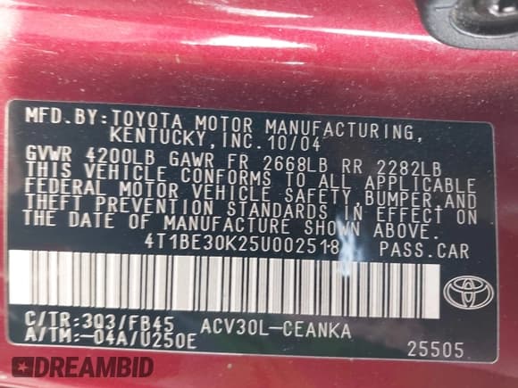 ✅ 2005 Toyota Camry LE • VIN: 4T1BE30K25U002518 • Lot: 43767923. Listed on IAAI with 215,358 mi. Free auction sales archive from the USA and detailed vehicle history report at DreamBid. Image 9.