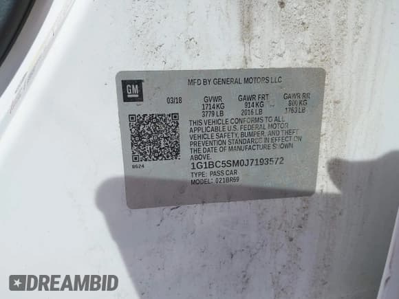 ✅ 2018 Chevrolet Cruze LS • VIN: 1G1BC5SM0J7193572 • Лот: 42962057. Опубликован ранее на IAAI с пробегом 69 958 миль. Бесплатный доступ к архиву аукционных продаж из США и подробный отчёт об истории автомобиля на DreamBid. Изображение 9.