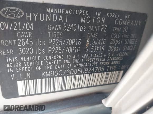 ✅ 2005 Hyundai Santa Fe GLS • VIN: KM8SC73D85U924785 • Лот: 41964578. Размещён на IAAI с пробегом 172 898 миль миль. Получите бесплатный доступ к архиву аукционных продаж из США и посмотрите подробный отчёт об истории автомобиля на DreamBid. Изображение 9.