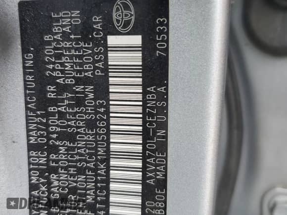 2021 Toyota Camry LE z VIN 4T1C11AK1MU566243, wystawiony jako Copart lot #82484385 z przebiegiem 264 806 mil mil oraz Szkoda całkowita • Salvage title. Historia ofert i sprzedaży dostępna na DreamBid. Obrazek 12.