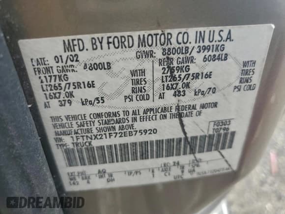 ✅ 2002 Ford F-250 XL • VIN: 1FTNX21F72EB75920 • Lot: 93914805. Listed on Copart with 245,125 mi. Free auction sales archive from the USA and detailed vehicle history report at DreamBid. Image 12.