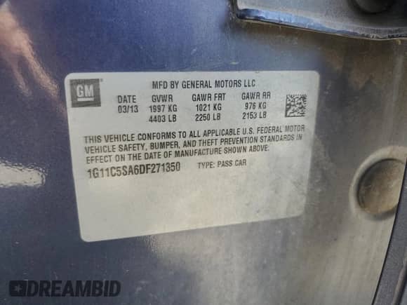 ✅ 2013 Chevrolet Malibu LT • VIN: 1G11C5SA6DF271350 • Lot: 84444855. Listed on Copart with 160,151 mi. Free auction sales archive from the USA and detailed vehicle history report at DreamBid. Image 12.