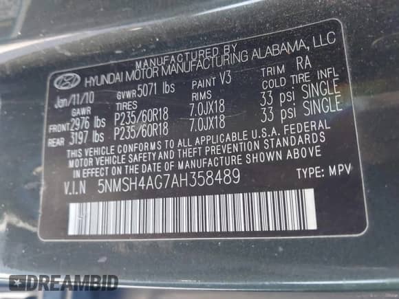 2010 Hyundai Santa Fe SE with VIN 5NMSH4AG7AH358489, listed as a IAAI auction lot 43564425 with 249,524 mi miles and . Bid and sale history available at DreamBid. Image 9.