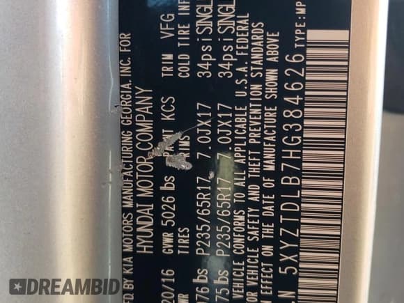 ✅ 2017 Hyundai Santa Fe 2.4L • VIN: 5XYZTDLB7HG384626 • Лот: 65759363. Опубликован ранее на Copart с пробегом 69 734 миль. Бесплатный доступ к архиву аукционных продаж из США и подробный отчёт об истории автомобиля на DreamBid. Изображение 15.