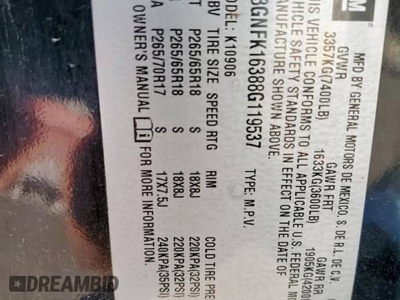 2008 Chevrolet Suburban LTZ with VIN 3GNFK16388G119537, listed as a Copart auction lot 85342975 with 271,791 mi miles and Salvage title. Bid and sale history available at DreamBid. Image 13.