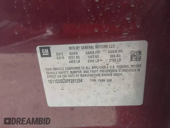 2015 Chevrolet Malibu LT z VIN 1G11C5SL6FF281154, wystawiony jako IAAI lot #43266898 z przebiegiem 164 798 mil mil oraz . Historia ofert i sprzedaży dostępna na DreamBid. Obrazek 9.