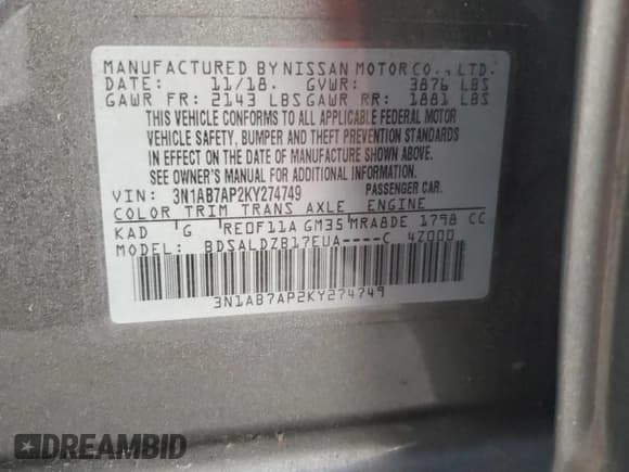 ✅ 2019 Nissan Sentra SV • VIN: 3N1AB7AP2KY274749 • Lot: 91621485. Listed on Copart with 103,577 mi. Free auction sales archive from the USA and detailed vehicle history report at DreamBid. Image 12.