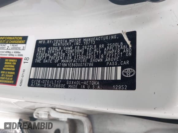 ✅ 2013 Toyota Avalon XLE • VIN: 4T1BK1EB6DU076786 • Lot: 42602286. Listed on IAAI with 276,000 mi. Free auction sales archive from the USA and detailed vehicle history report at DreamBid. Image 9.