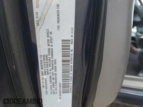 ✅ 2004 Subaru Legacy L • VIN: 4S3BH625147305291 • Lot: 66190405. Listed on Copart with 166,625 mi. Free auction sales archive from the USA and detailed vehicle history report at DreamBid. Image 12.