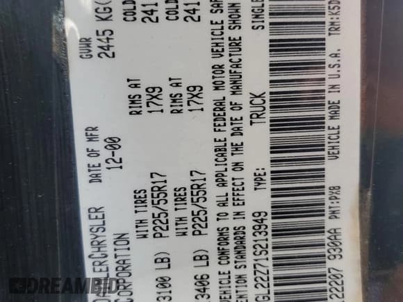 ✅ 2001 Dodge Dakota Sport • VIN: 1B7GL22Z71S213949 • Lot: 56553435. Listed on Copart with 190,399 mi. Free auction sales archive from the USA and detailed vehicle history report at DreamBid. Image 13.