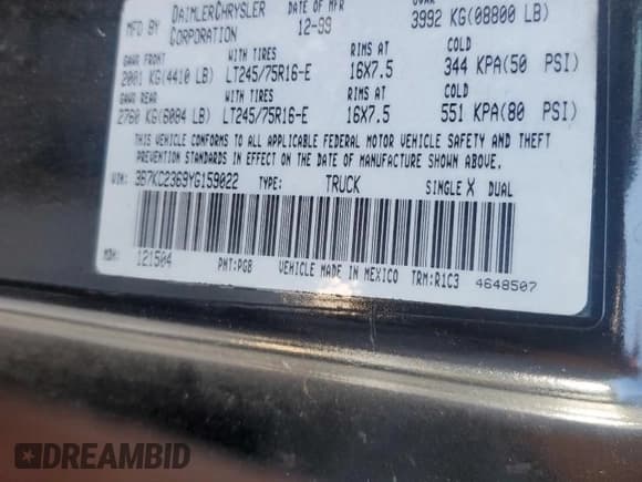 ✅ 2000 Dodge 2500 • VIN: 3B7KC2369YG159022 • Lot: 62839935. Listed on Copart with 267,277 mi. Free auction sales archive from the USA and detailed vehicle history report at DreamBid. Image 12.