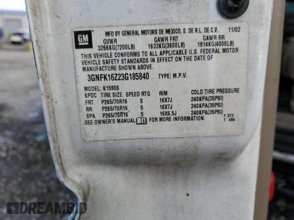 2003 Chevrolet Suburban LT с VIN 3GNFK16Z23G185840, выставлен на аукционе Copart как лот 82004483 с пробегом 359 567 миль миль и Списание • Salvage title. История ставок и продаж доступна на DreamBid. Изображение 14.