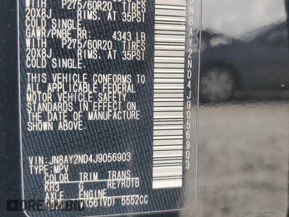 ✅ 2018 Nissan Armada SV • VIN: JN8AY2ND4J9056903 • Lot: 89891715. Listed on Copart with 245,823 mi. Free auction sales archive from the USA and detailed vehicle history report at DreamBid. Image 13.