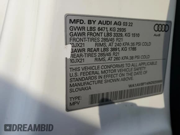 ✅ 2022 Audi Q8 Premium • VIN: WA1AVBF14ND020988 • Lot: 67468105. Wystawiony na Copart z przebiegiem 119 441 mil. Bezpłatny archiwum sprzedaży aukcyjnych z USA i szczegółowy raport historii pojazdu na DreamBid. Zdjęcie 13.