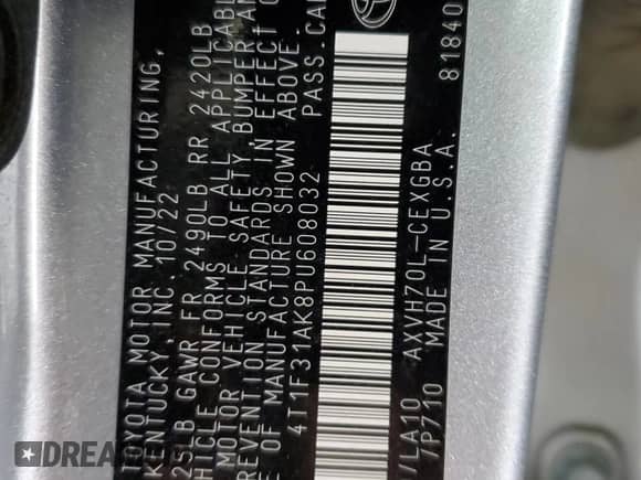 2023 Toyota Camry Hybrid XLE with VIN 4T1F31AK8PU608032, listed as a Copart auction lot 67080275 with 48,543 mi miles and Salvage title. Bid and sale history available at DreamBid. Image 12.