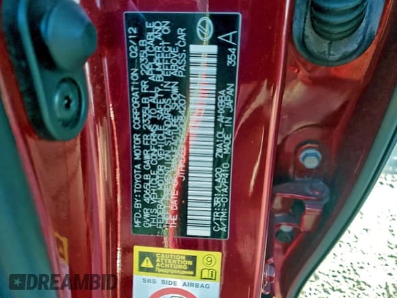 ✅ 2012 Lexus CT 200h Premium • VIN: JTHKD5BH5C2084207 • Lot: 95093085. Listed on Copart with 94,636 mi. Free auction sales archive from the USA and detailed vehicle history report at DreamBid. Image 12.