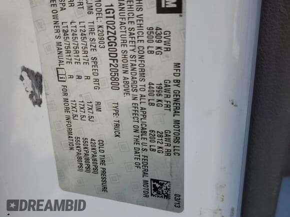 ✅ 2013 GMC Sierra 2500HD Work Truck • VIN: 1GT02ZCG0DF205800 • Lot: 50262915. Wystawiony na Copart z przebiegiem Nie podano. Bezpłatny archiwum sprzedaży aukcyjnych z USA i szczegółowy raport historii pojazdu na DreamBid. Zdjęcie 12.