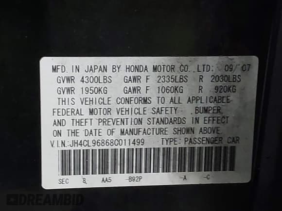 ✅ 2008 Acura TSX • VIN: JH4CL96868C011499 • Lot: 43712301. Listed on IAAI with 168,335 mi. Free auction sales archive from the USA and detailed vehicle history report at DreamBid. Image 9.