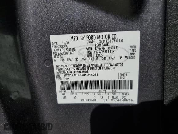 ✅ 2012 Ford F-150 XLT • VIN: 1FTFX1EF5CKD14955 • Lot: 83759455. Listed on Copart with 54,661 mi. Free auction sales archive from the USA and detailed vehicle history report at DreamBid. Image 12.