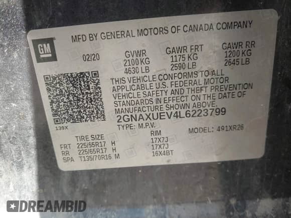 2020 Chevrolet Equinox LT with VIN 2GNAXUEV4L6223799, listed as a IAAI auction lot 43202068 with 127,427 mi miles and . Bid and sale history available at DreamBid. Image 9.