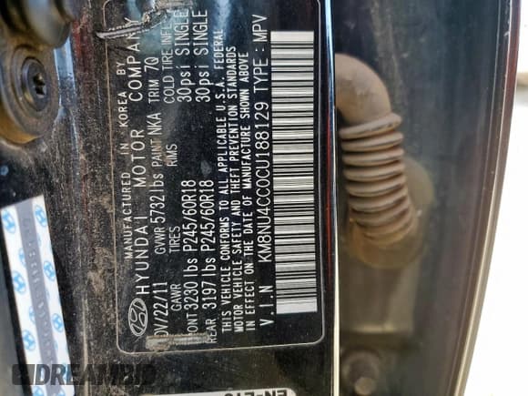 ✅ 2012 Hyundai Veracruz Limited • VIN: KM8NU4CC0CU188129 • Lot: 91858735. Listed on Copart with 129,982 mi. Free auction sales archive from the USA and detailed vehicle history report at DreamBid. Image 13.